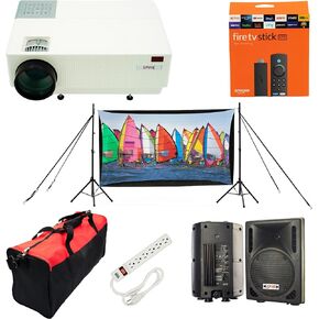 Backyard Theater Kit | Recreation Series System | 9' Front and Rear Projection Screen with 1080p HD Savi 4000 lumen Projector, Sound System, Streaming device w/WIFI (EZ-950)