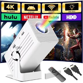 【Built-in App】Polaring Mini Projector, Smart 4K Projector with WiFi and bluetooth 1080P Support, Auto Keystone Correction，90° Rotating Adjustment，Compatible with phone, TV Stick , HDMI, USB