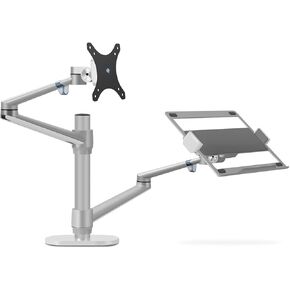 AEONS Monitor and Laptop Desk Mount Combo Stand with Notebook Holder fits up to 17 inch, 2-in-1 Adjustable Dual Arm Mount fits 27 inch LCD Screen with VESA, Clamp and Cable Management, Silver