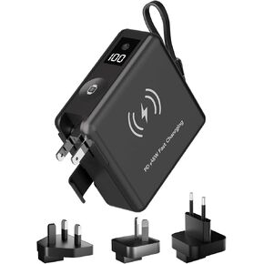 8in1 Travel Power Bank with 20000mAh Battery-Compatible Worldwide Adapter Plug 4 Cables PD65W Fast Charging 2 Ports USB-C/USB-A for Mobile Phones/Earphones/Watches with Storage Bag