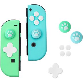 Jusy Cross D-Pad Button Caps Thumb Grips Set, Compatible with Nintendo Switch/OLED/Switch Lite, Cute 3D Soft Silicone ABXY Buttons Sticker Joystick Cover Caps, Green Blue Cat Paw