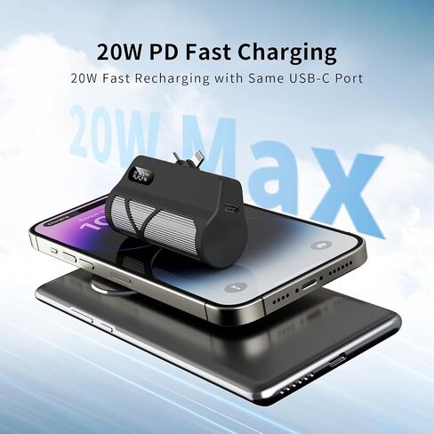 Portable Charger Power Bank 5000mAh مع الكابلات المدمجة ، شحن سريع PD20W ، المنافذ المزدوجة (Type-C و Apple المتوافقة) ، تصميم مضغوط للسفر والتنقل (أسود) in Saudi Arabia