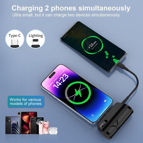 Portable Charger Power Bank 5000mAh مع الكابلات المدمجة ، شحن سريع PD20W ، المنافذ المزدوجة (Type-C و Apple المتوافقة) ، تصميم مضغوط للسفر والتنقل (أسود) in Saudi Arabia