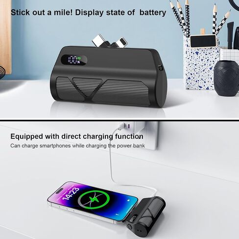 Portable Charger Power Bank 5000mAh مع الكابلات المدمجة ، شحن سريع PD20W ، المنافذ المزدوجة (Type-C و Apple المتوافقة) ، تصميم مضغوط للسفر والتنقل (أسود) in Saudi Arabia