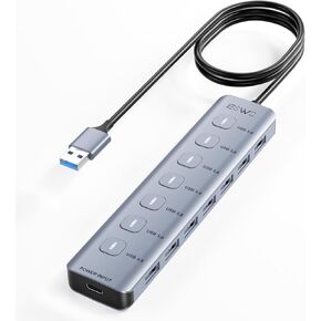 7-Port USB 3.0 Hub with Independent Switch and LED Indicator, Aluminum Alloy Case, High-Speed Transmission, 1m Cable