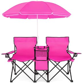 MAT EXPERT Folding Double Camp Chair w/Removable Umbrella, Portable Picnic Chair w/Mini Table, Chair Set w/Beverage Holder, Portable Loveseat Camp Chairs for Beach, Backyard, Poolside (Pink)