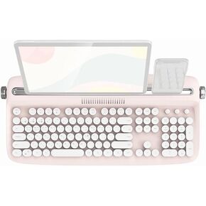 Typewriter Keyboard Wireless Bluetooth 5.0 Retro Aesthetic Cute Kawaii Round Keycaps 106-Key with Num Pad Clicky Mechanical Feeling with Pad/Phone Holder for Windows/Mac OS/Android/iOS (Pink)