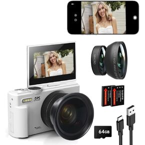5K 75MP Digital Camera 18X Digital Zoom, Upgraded Vlogging Cameras with WiFi & Mic, Wide Angle & Macro Lens, 3" 180°Flip Screen Webcam Travel Cameras for Teens, Beginner with 64GB Card, HDMI