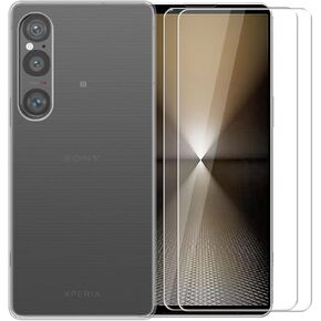 Case for Sony Xperia 1 VII + Glass Screen Protector Tempered Film - Transparent Silicone Soft Flexible Bumper Shockproof TPU Protective Cover Shell (Clear)