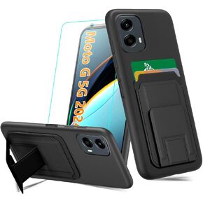 Case for Motorola Moto G 5G 2024 Phone Case with Tempered Glass Screen Protector, Folding Card Holder Kickstand Wallet Silicone Protective Case for Moto-G-5G-2024 - Black