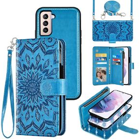 Asuwish Phone Case for Samsung Galaxy S21 Plus S21+ 5G Zipper Wallet Magnetic Detachable Cell Cover with Screen Protector Crossbody Lanyard Strap Flower Flip Card Holder Slot S21plus Women Men Blue