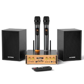 Bluetooth Audio Amplifier, UHF Wireless Microphone System with 2.1 Channel HiFi External Speaker with USB/TF/FM/TWS, Treble and Bass Adjustment for Party, Home KTV, Conference, Church