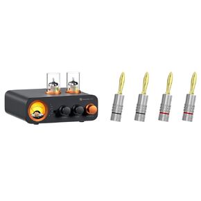 Fosi Audio Banana Plugs 2 Pairs / 4 pcs and Fosi Audio MC331 Tube Integrated Amplifier with DAC, 2 Channel Home Audio Stereo Power Amp for HiFi Bookshelf Speakers/3.5mm Headphones