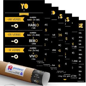 Quarterhouse Spanish Present-Tense Verbs Poster Set, Spanish - ESL Classroom Learning Materials for K-12 Students and Teachers, Set of 7, 12 x 18 Inches, Extra Durable