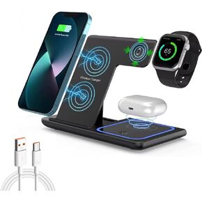 3-in-1 محطة شحن سريعة قابلة للطي 15 واط مع ضوء ليلي أزرق ناعم ، متوافق مع شاحن Magsafe مع iPhone16/15/14/12 ، Samsung ، Apple Watch ، AirPods (أسود)