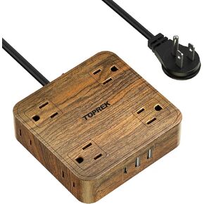 TOPREK Power Strip Surge Protector (1080J), 8 Widely-Spaced Outlets with 1 USB-C & 2 USB-A, Wood Finish Power Strip with USB for Home, Office, Dorm, Travel, 5 FT Extension Cord with Flat Plug