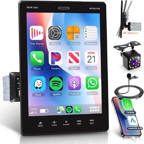 9.5inch Single Din Touchscrren Car Stereo,for Apple Carplay Android Auto,1080P IPS Detachable Touch Screen,5.0Bluetooth,12LED IP69k Backup Camera,FM Radio GPS,USB/AUX,Mirror Link,SWC