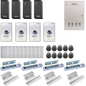 Visionis FPC-6204 Four Doors Access Control for In Swing Door Electric 300lbs Mag Lock Controller Box + Indoor/Outdoor Waterproof Card Reader, Software Included + 20000 Users Kit