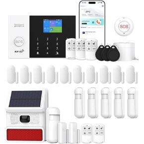 YBJ 4G/WiFi Wireless Home Alarm System with Outdoor Solar Siren, 30-Piece-Kit DIY Burglar Alarm System for Home Security with App Control
