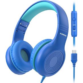 Upgrade USB Type C Kids Headphones, Wired Headphones for Kids with Microphone for Boys Girls, Adjustable 85dB/94dB Volume Limited (Navy/Blue)