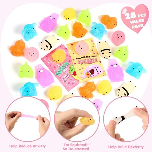 joyin 28 حزم بطاقات هدية عيد الحب مع هدية لطيف kawaii موتشي لعبة اسفنجي للضغط على تخفيف التوتر لعبة تململ موتشي لعب اسفنجي للأطفال، وجوائز تبادل الفصول الدراسية عيد الحب لعبة صالح الطرف in Saudi Arabia