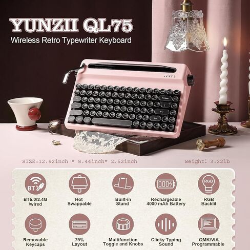 YUNZII QL75 Wireless Typewriter Hot Swap Retro Mechanical Keyboard,Punk Round Keycaps,RGB Backlit QMK/VIA Programmable, Multi-Device Keyboard with 2.4GHz/Type-C/BT5.0 (Wood, Cocoa Cream V2 Switch) in Kuwait
