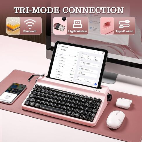 YUNZII QL75 Wireless Typewriter Hot Swap Retro Mechanical Keyboard,Punk Round Keycaps,RGB Backlit QMK/VIA Programmable, Multi-Device Keyboard with 2.4GHz/Type-C/BT5.0 (Wood, Cocoa Cream V2 Switch) in Kuwait