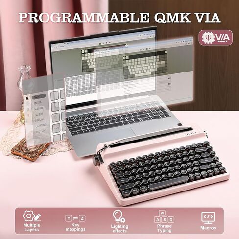 YUNZII QL75 Wireless Typewriter Hot Swap Retro Mechanical Keyboard,Punk Round Keycaps,RGB Backlit QMK/VIA Programmable, Multi-Device Keyboard with 2.4GHz/Type-C/BT5.0 (Wood, Cocoa Cream V2 Switch) in Kuwait