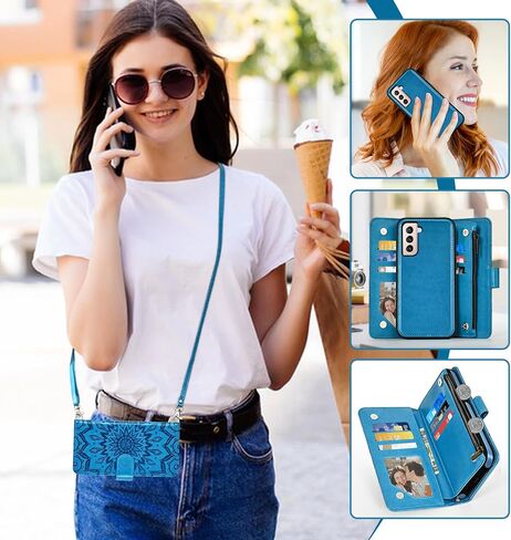 علبة الهاتف ASUWISH لـ Samsung Galaxy S21 Plus S21+ 5G SHIPPER WALLET غطاء خلية مغناطيسي قابلة للفصل مع حامي الشاشة Crossbody Lanyard حزام زهرة in Saudi Arabia