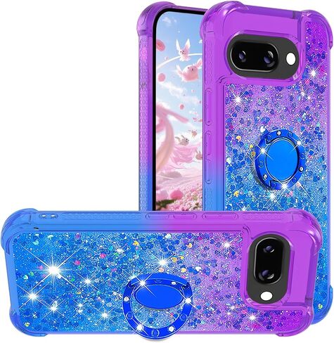 for Google Pixel 9a Quicksand Case with Ring Kickstand, Girls Women Bling Cute Glitter Flowing Liquid Floating Sparkle Cover for Google Pixel 9a JB-Pink Purple in Saudi Arabia