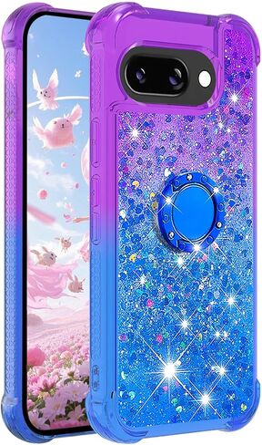 for Google Pixel 9a Quicksand Case with Ring Kickstand, Girls Women Bling Cute Glitter Flowing Liquid Floating Sparkle Cover for Google Pixel 9a JB-Pink Purple in Saudi Arabia