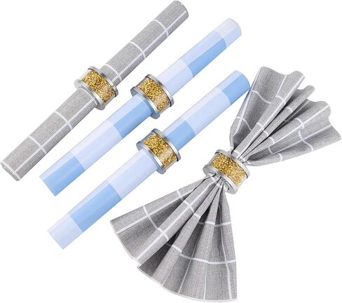 Silver Diamond Glass Napkin Holder Stainless Steel Framed Crystal Silver Napkin Rings Set of 4 Pieces, Serviette Buckles Cloth Holder Bling Crushed Diamond Table Settings Home Decor in Saudi Arabia