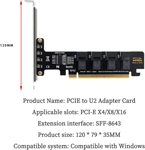 PH49 PCIe4.0 X16 to 4-Port U.2 NVME SFF-8643 SFF-8639 Expansion Card Support X4 X8 X16 Slot Motherboard with PCIE Split Function (Full Height) in Kuwait