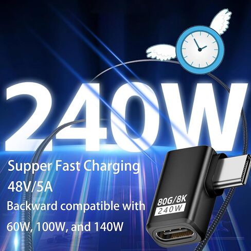 240W 80GBPS USB C ADAPTER ، Thunderbolt 5 USB C ADAPTER ، 90DEGREE TYPE C MALE إلى Extender 8K@60Hz ، 120GBPS عرض عرض الفيديو ، للهاتف 15/16 ، VR ، التلفزيون ، الكمبيوتر المحمول ، carplay-2pack (الزاوية اليمنى) in Kuwait