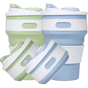 NexUp Goods 2-Pack Collapsible Coffee Cups 12oz Reusable Travel Mugs Light Blue & Green Leakproof Foldable Silicone Heat Resistant Easy to Clean Great for Camping Office and Gifts