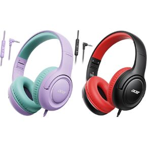 acer [Purple Green+Black Red] Kids Headphones Wired for School - Over-Ear 85/94dB Volume Limiter, 3.5mm Jack Foldable Stereo Sound Headset for Toddlers Girls Boys Travel Learning Entertainment Tablet