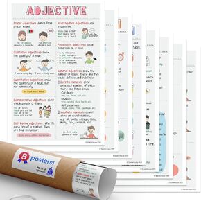 Quarterhouse Parts of Speech Poster Set, English-Language Arts Classroom Learning Materials for K-12 Students and Teachers, Set of 8, 12 x 18 Inches, Extra Durable