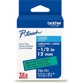 Brother Genuine P-Touch TZe Black Print on Green Label Tape (TZe731), Laminated,1/2in x 26.2ft (12mm x 8m), for Select P-Touch Label Makers, Durable, Water-Resistant, Indoor/Outdoor Use