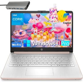 HP Laptop Computer for Home and Student, 16GB RAM, 384GB Storage (128GB UFS +256GB Hub Docking Set), 14 inch, Intel 4-Core Processor, WiFi 6, BT 5.4, Type-C, HDMI, Windows 11 Pro S, Rose Gold, Tichang