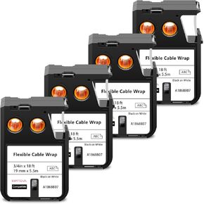 4 X Compatible with Dymo Rhino XTL Flexible Cable Wrap Label Tape 1868807 A1868807 Black on White 19mm 3/4 inch x 18 Feet Replacement for Rhino XTL-300 XTL-500 Label Maker