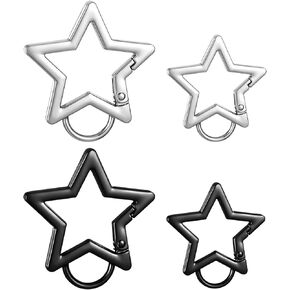 4 PCS Star Carabiner, Zinc Alloy Heavy Duty Star Shaped Keychain Clip with 2 Sizes, Snap Hook with Key Chain Rings Carabiner Clip for Camping, Hiking, Fishing (Silver, Black)
