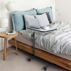 Tilting Overbed Bedside Table for Laptop Eating, 23.6 Inch Multifunctional Adjustable Rolling Tray Table for Sofa with Wheels & Brake for Hospital and Home Medical Use (Silver Grey)