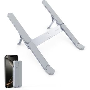 SODI 2025 Ultra Compact Foldable Laptop Stand for Desk - Portable Laptop Stand Holder, Spring Load Aluminum Tablet Stand with Adjustable Height for MacBook Pro/Air/iPad/HP/Dell 10-16", Light Gray