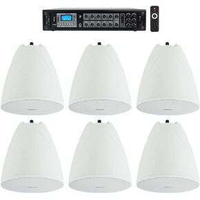 Rockville Bundle: (1) RCS180-6 180 Watt 6 Zone 70v Commercial/Restaurant Amplifier/Bluetooth+(6) PEN-65T White 6.5" 70V Hanging Pendant Speaker Commercial/Restaurant (7 Item)