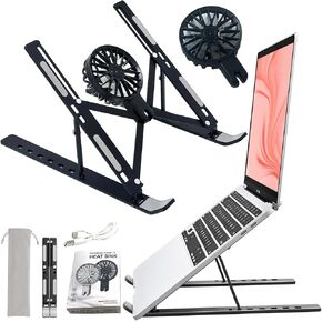 Foldable Portable Laptop Stand Made of Adjustable Stainless Steel Material, Equipped with a Fan, Suitable for MacBook, HP, Dell, Lenovo and All Other laptops (Silver) (Black) (Black)