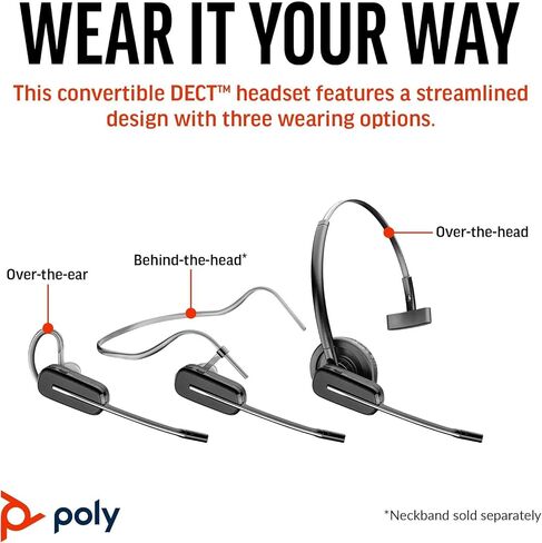 Poly Plantronics CS540 Wireless DECT Headset - Single Ear - Convertible - Noise Cancelling Microphone Bundle Including: Base, Headband, Ear Tips, Goby Labs Headphone Cleaner, Fiber Cloth in Saudi Arabia