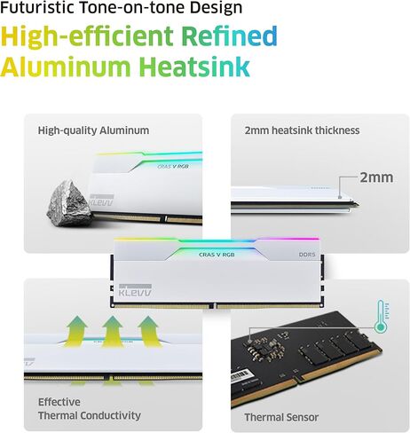 KLEVV CRAS V RGB DDR5 64GB (2x32GB) 6400MHz CL32 A-DIE 1.35V Gaming Desktop Ram Memory SK Hynix Chip XMP 3.0 / AMD Expo Ready - White (KD5BGUA80-64A320J) in Kuwait