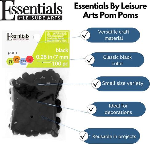 كرات بوم بوم من ايسينشالز باي ليجر ارتس - لون اسود - 7 ملم - 100 قطعة من كرات بوم بوم للفنون والحرف اليدوية - كرات بوم بوم للحرف اليدوية - كرات منفوشة للحرف اليدوية in Kuwait