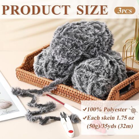 Threlaco 3 Skeins Faux Fur Yarn Soft Fur Yarn Fluffy Yarn Plush Chunky Knit Yarn Winter Eyelash Yarn for Knitting Crocheting Crafting Blanket Rug Clothes, Total Length 3 X105 ft in Saudi Arabia
