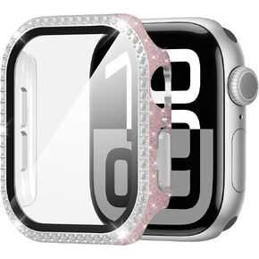 Suoman for Apple Watch Series 6/5/4 44mm Case, [Anti Scratch] Ultra-Thin HD Tempered Glass Screen Protector+ All-Round Durable Hard PC Protective Cover [Glitter Diamonds] -Pink